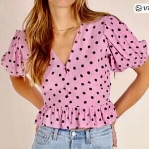 Faithfull The Brand Pink Black Polka Dot Puff Sleeve Peplum Ruffle V Neck Top S‎